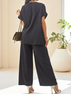 Sale Bawełniany damski komplet z krótkim rękawem i poszerzanymi spodniami Damskie Komplety Damskie