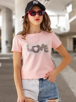 Hot Bawełniany damski t-shirt LOVE z cyrkoniami Bluzki / Koszule / Koszulki