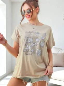 Sale Bawełniany damski t-shirt z nadrukiem z listkami Bluzki / Koszule / Koszulki