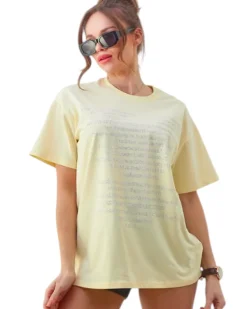 Outlet Bawełniany damski t-shirt z napisami z cyrkonii Bluzki / Koszule / Koszulki