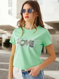 Online Bawełniany damski t-shirt LOVE z cyrkoniami Bluzki / Koszule / Koszulki