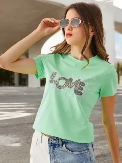 Online Bawełniany damski t-shirt LOVE z cyrkoniami Bluzki / Koszule / Koszulki