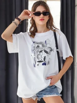 Discount Bawełniany damski t-shirt z printem Bluzki / Koszule / Koszulki