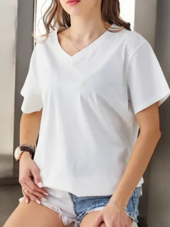 New Bawełniany damski t-shirt casual z dekoltem V Bluzki / Koszule / Koszulki