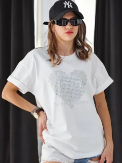 Discount Bawełniany damski t-shirt LOVE z cyrkoniami Bluzki / Koszule / Koszulki