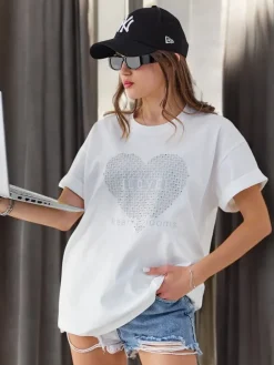 Discount Bawełniany damski t-shirt LOVE z cyrkoniami Bluzki / Koszule / Koszulki