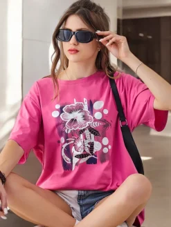 New Bawełniany damski t-shirt z printem Bluzki / Koszule / Koszulki