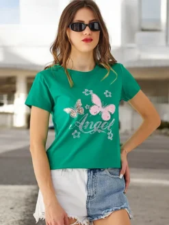 Best Bawełniany damski t-shirt Butterfly Bluzki / Koszule / Koszulki