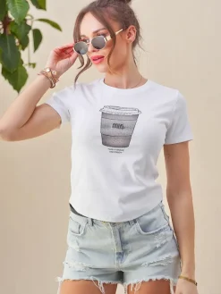 Sale Bawełniany damski t-shirt z nadrukiem z cyrkonii Bluzki / Koszule / Koszulki