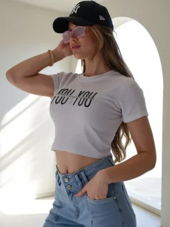 Discount Bawełniany damski crop top z napisem Bluzki / Koszule / Koszulki