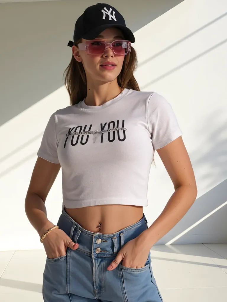 Discount Bawełniany damski crop top z napisem Bluzki / Koszule / Koszulki