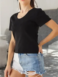 Clearance Bawełniany damski t-shirt z koronką na plecach Bluzki / Koszule / Koszulki