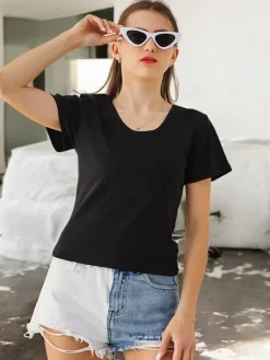 Clearance Bawełniany damski t-shirt z koronką na plecach Bluzki / Koszule / Koszulki