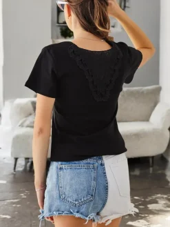 Clearance Bawełniany damski t-shirt z koronką na plecach Bluzki / Koszule / Koszulki