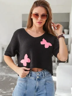 Online Bawełniany damski krótki sweter w motylki Swetry