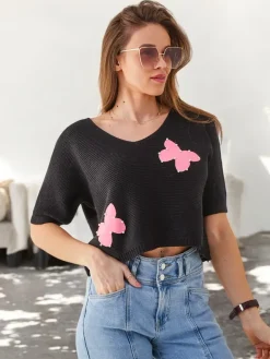 Online Bawełniany damski krótki sweter w motylki Swetry