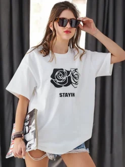 New Bawełniany damski t-shirt Rose Flower Bluzki / Koszule / Koszulki