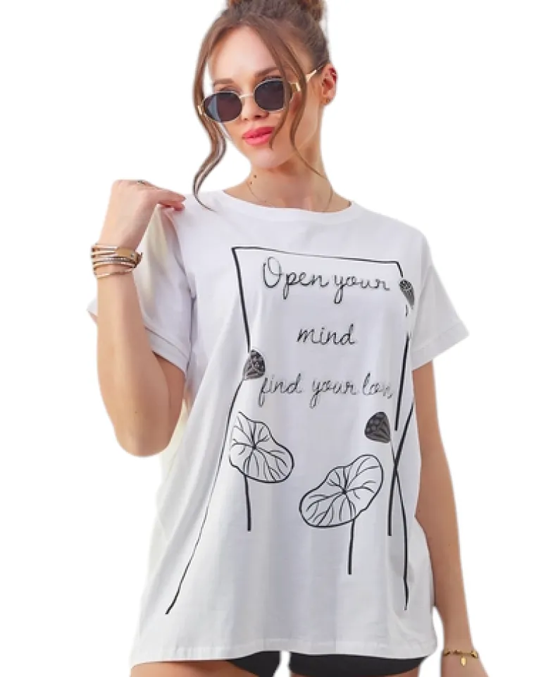 Discount Bawełniany damski t-shirt z ciekawym nadrukiem Bluzki / Koszule / Koszulki