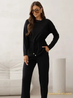 Sale Bawełniany Damski komplet a'la sweterkowy prążkowany Damskie Komplety Damskie