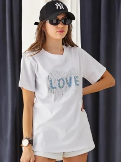 Best Bawełniany damski t-shirt LOVE z cyrkoniami Bluzki / Koszule / Koszulki