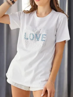 Best Bawełniany damski t-shirt LOVE z cyrkoniami Bluzki / Koszule / Koszulki