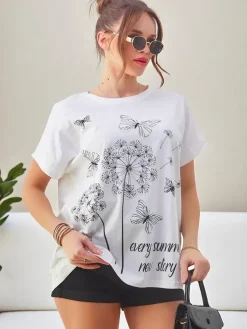 Sale Bawełniany damski t-shirt z dmuchawcami i motylkiem Bluzki / Koszule / Koszulki