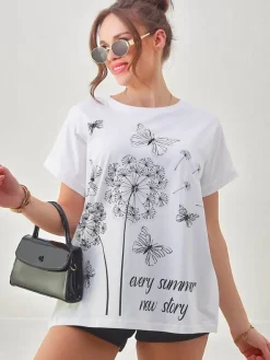 Sale Bawełniany damski t-shirt z dmuchawcami i motylkiem Bluzki / Koszule / Koszulki