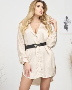 Beżowa damska tunika typu koszula Bluzki / Koszule / Koszulki