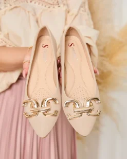 Clearance Beżowe baleriny damskie w szpic z ozdobą na nosku Figgda Baleriny Klasyczne