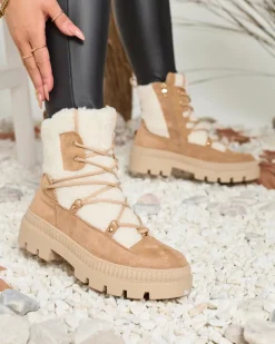 Online Beżowe botki damskie typu trapery z kożuszkiem Getatsa Trapery|Botki Z Delikatnym Ociepleniem