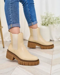 Outlet Beżowe botki damskie na masywnej podeszwie Eferope Botki Z Delikatnym Ociepleniem|Botki Na Płaskim Obcasie