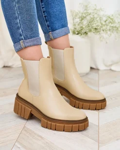 Outlet Beżowe botki damskie na masywnej podeszwie Eferope Botki Z Delikatnym Ociepleniem|Botki Na Płaskim Obcasie