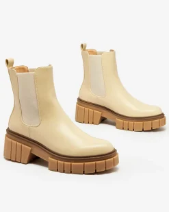 Outlet Beżowe botki damskie na masywnej podeszwie Eferope Botki Z Delikatnym Ociepleniem|Botki Na Płaskim Obcasie