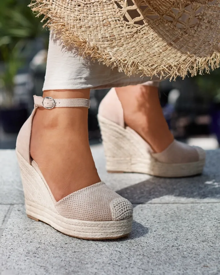 Beżowe damskie sandały na koturnie Meylasi Sandały Na Koturnie