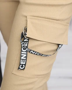 Online Beżowe damskie spodnie bojówki z paskiem Spodnie Cargo