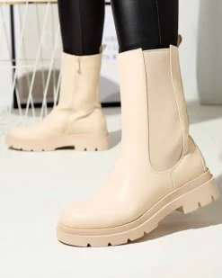 Outlet Beżowe damskie wysokie botki na płaskim obcasie Vedesa Botki Bez Ocieplenia|Botki Na Płaskim Obcasie