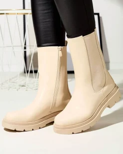 Outlet Beżowe damskie wysokie botki na płaskim obcasie Vedesa Botki Bez Ocieplenia|Botki Na Płaskim Obcasie