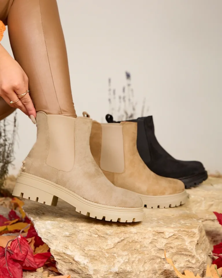 Sale Beżowe damskie ocieplane botki Comfy Walk Botki Z Delikatnym Ociepleniem|Botki Na Płaskim Obcasie