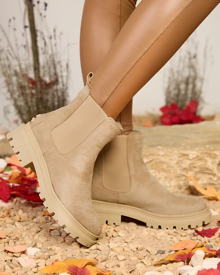Sale Beżowe damskie ocieplane botki Comfy Walk Botki Z Delikatnym Ociepleniem|Botki Na Płaskim Obcasie