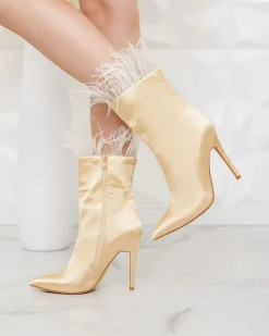 Hot Beżowe damskie botki z piórkami Wenelika Szpilki|Botki Bez Ocieplenia