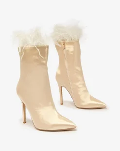 Hot Beżowe damskie botki z piórkami Wenelika Szpilki|Botki Bez Ocieplenia