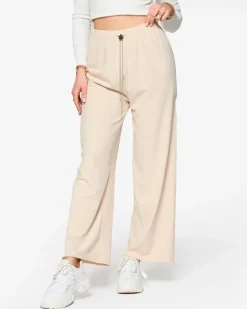 Beżowe damskie szerokie spodnie prążkowane Spodnie Materiałowe