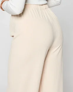 Beżowe damskie szerokie spodnie prążkowane Spodnie Materiałowe