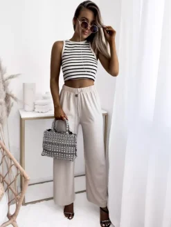 Beżowe damskie szerokie spodnie prążkowane Spodnie Materiałowe