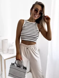 Beżowe damskie szerokie spodnie prążkowane Spodnie Materiałowe