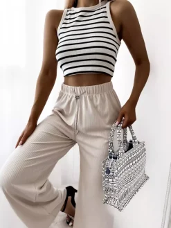 Beżowe damskie szerokie spodnie prążkowane Spodnie Materiałowe