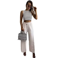 Beżowe damskie szerokie spodnie prążkowane Spodnie Materiałowe