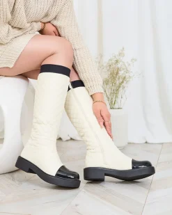 Hot Beżowe damskie kozaki pikowane Ataeb Kozaki Na Płaskim Obcasie|Kozaki Z Ociepleniem