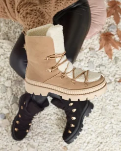 New Beżowe damskie ocieplane botki typu trapery z kożuszkiem Lery Walk Trapery|Botki Sznurowane