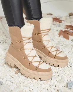 New Beżowe damskie ocieplane botki typu trapery z kożuszkiem Lery Walk Trapery|Botki Sznurowane